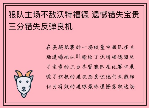狼队主场不敌沃特福德 遗憾错失宝贵三分错失反弹良机