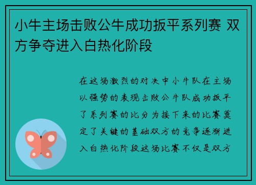 小牛主场击败公牛成功扳平系列赛 双方争夺进入白热化阶段