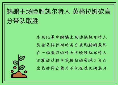 鹈鹕主场险胜凯尔特人 英格拉姆砍高分带队取胜