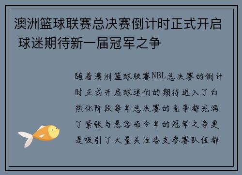 澳洲篮球联赛总决赛倒计时正式开启 球迷期待新一届冠军之争