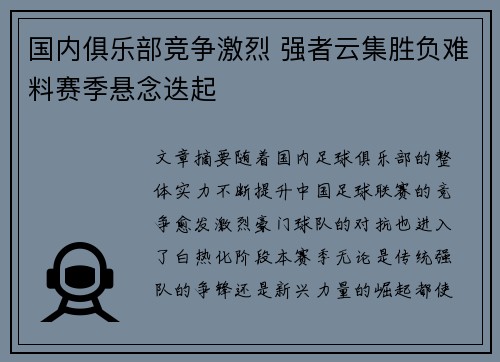 国内俱乐部竞争激烈 强者云集胜负难料赛季悬念迭起