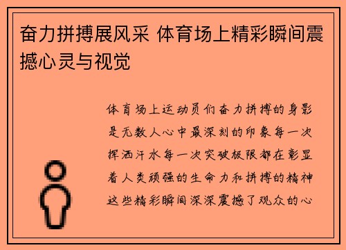 奋力拼搏展风采 体育场上精彩瞬间震撼心灵与视觉