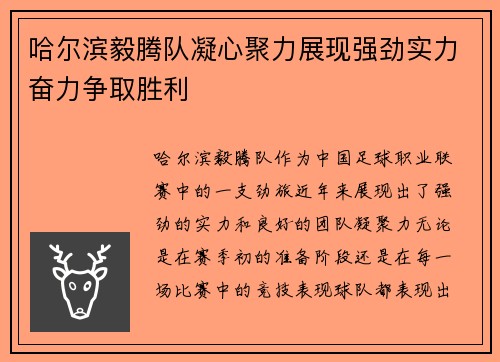 哈尔滨毅腾队凝心聚力展现强劲实力奋力争取胜利