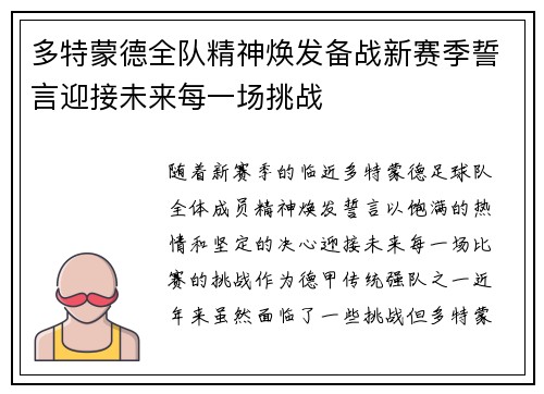 多特蒙德全队精神焕发备战新赛季誓言迎接未来每一场挑战