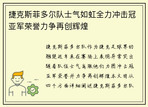 捷克斯菲多尔队士气如虹全力冲击冠亚军荣誉力争再创辉煌