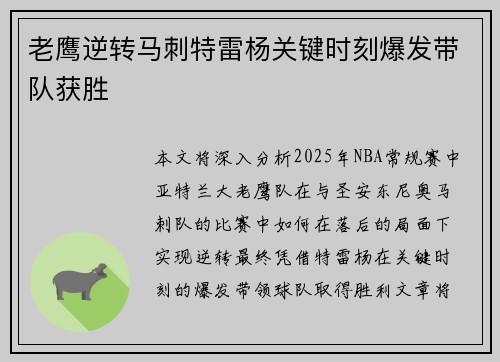 老鹰逆转马刺特雷杨关键时刻爆发带队获胜