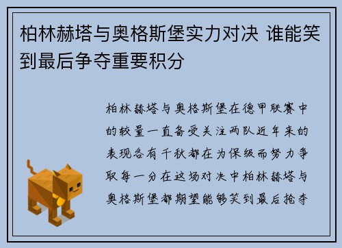 柏林赫塔与奥格斯堡实力对决 谁能笑到最后争夺重要积分