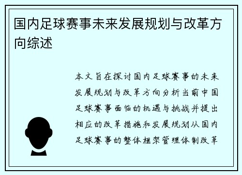 国内足球赛事未来发展规划与改革方向综述